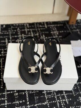 Celine Black Leather Thong Sandals Silver Triomphe Slingback Flat Sandals